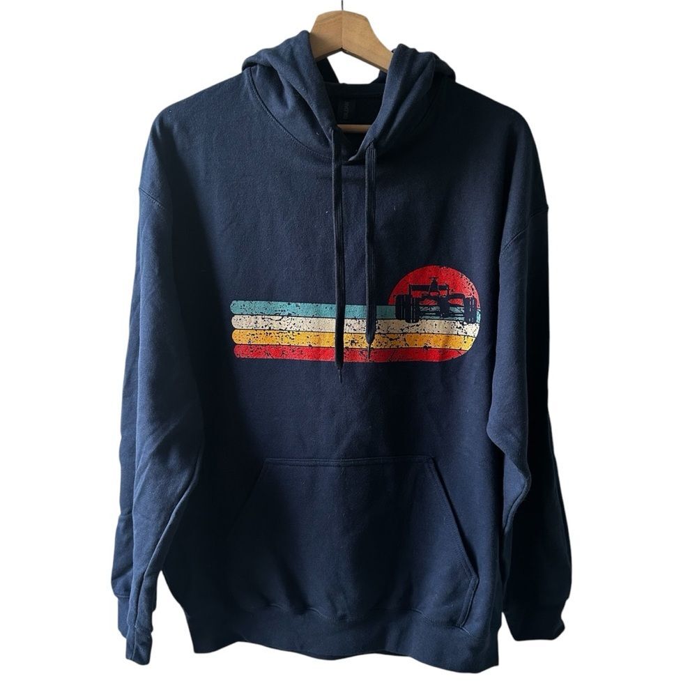 NEW Navy Blue Retro Racing Hoodie Formula One Indy Car Sweatshirt Large NWT